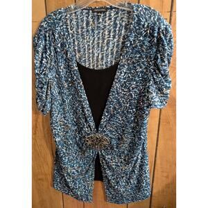 NOTATIONS Shirt Plus‎ Size XL Blouse Top Black Blue Twofer Buckle Layer Look